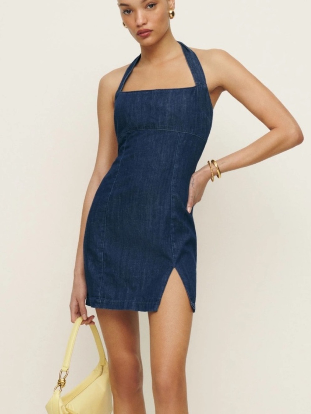 Reformation Dark Blue Halter Denim Mini Dress